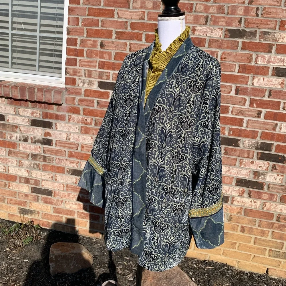 Soft Surroundings Long Blue and Gold Patterned Topper - Picture 6 of 8